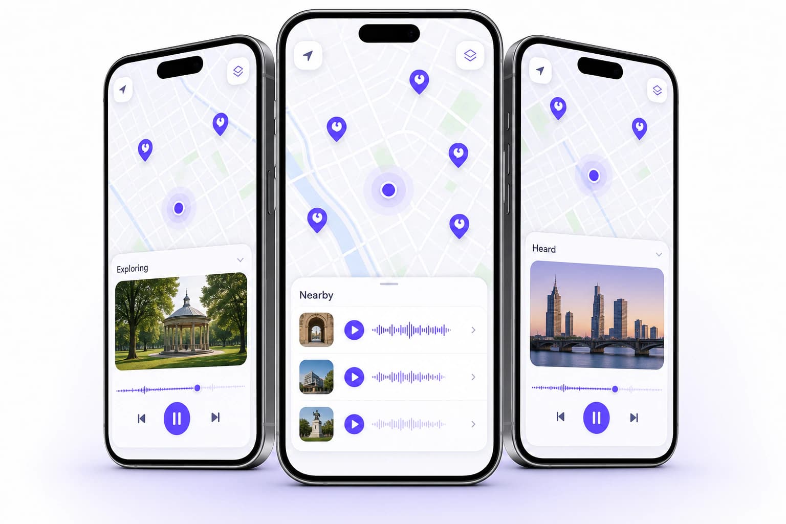Three PinSpark app screens showing nearby stories on a map, a story queue, and audio playback.